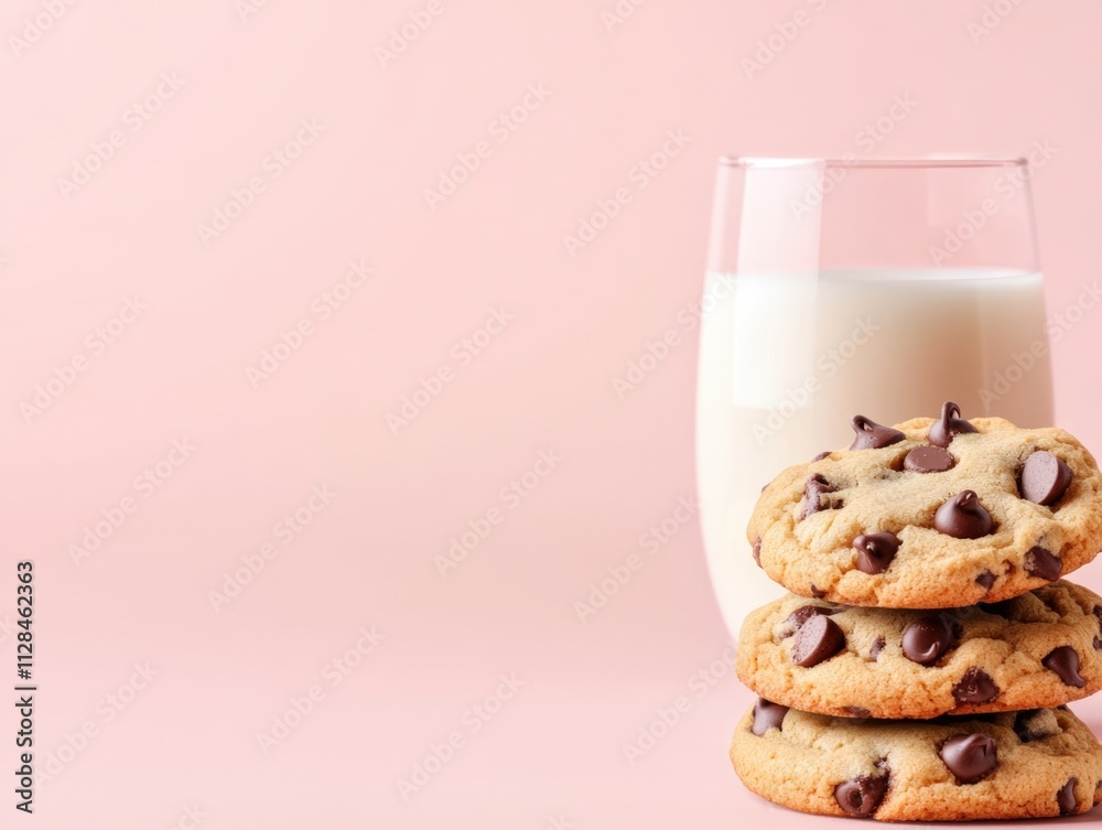 Freshly baked chocolate chip cookies stacked next to a glass of milk on a pastel pink background, AI Freshly baked chocolate chip cookies stacked next to a glass of milk on a pastel pink background, AI