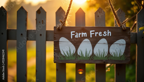 wallpapers A rustic sign hanging on a wooden fence displaying the words Farm Fresh with painted eggs and grass. Ideal for farm themes and decor. AI generated.