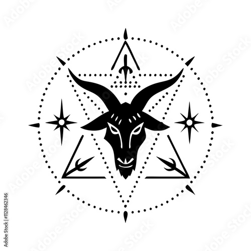 Baphomet symbol with goat head, mystical vibe, intricate geometric patterns