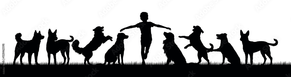 Boy open arms playing with group of dogs outdoor on grass field vector black silhouettes. Boy open arms playing with group of dogs outdoor on grass field vector black silhouettes.