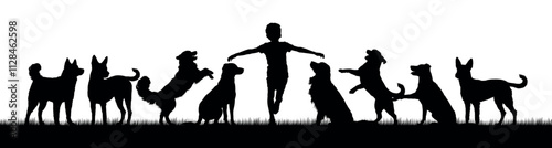 Boy open arms playing with group of dogs outdoor on grass field vector black silhouettes.