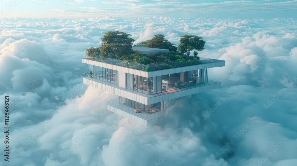 Fototapeta premium Futuristic cloud house with rooftop garden, modern architecture, aerial view.