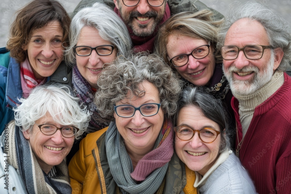 Group of senior friends smiling and looking at camera in a close up portrait Group of senior friends smiling and looking at camera in a close up portrait