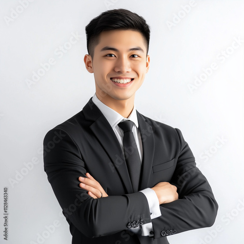 portrait of asian japanese chinese mandarin professional business young man TV news presenter smiling wearing elegantly formal man suits blazer on a white background AI Generate