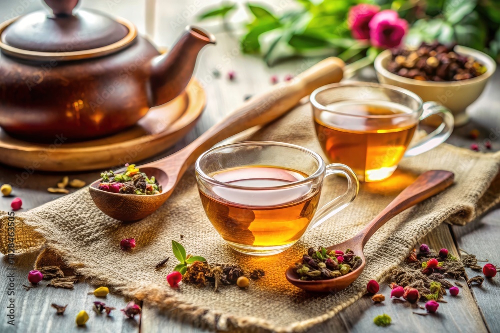 Tilt-Shift Photography of Tea Cups with Dried Tea Leaves, Teapot, and Wooden Spoon on Linen Cloth for Cozy Tea Moments Tilt-Shift Photography of Tea Cups with Dried Tea Leaves, Teapot, and Wooden Spoon on Linen Cloth for Cozy Tea Moments