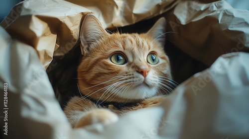 Curious orange cat peeks out from behind crumpled paper in bright indoor setting during daylight hours. Generative AI photo