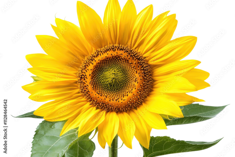 Obraz premium Beautiful sunflower blooming brightly under sunlight in a serene garden setting, showcasing vibrant yellow petals and rich green leaves