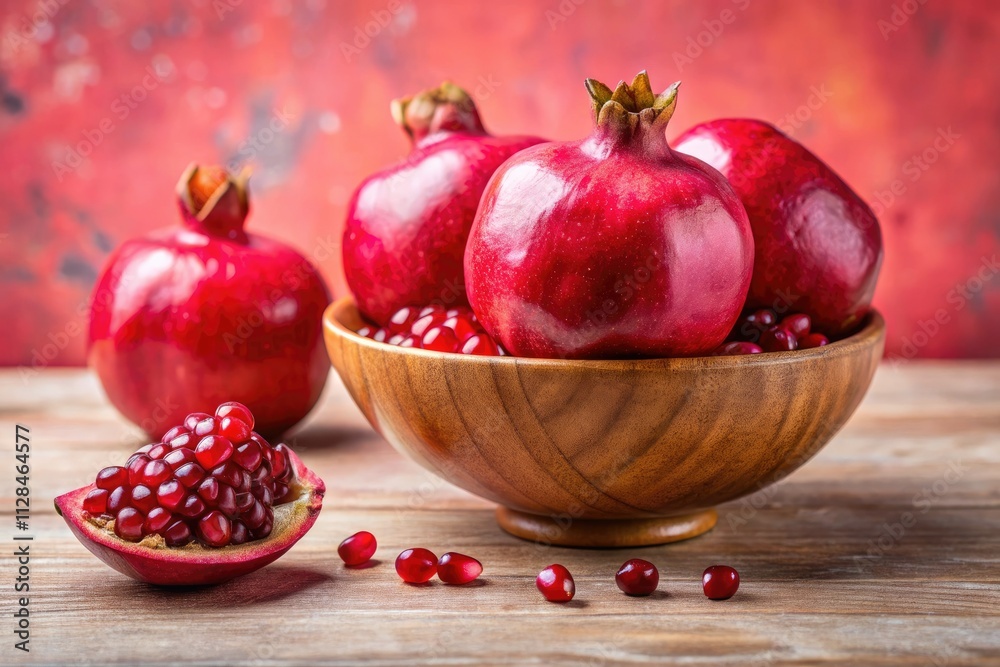 Pink bowl cradles juicy pomegranate, its vivid red seeds a captivating still life. Pink bowl cradles juicy pomegranate, its vivid red seeds a captivating still life.