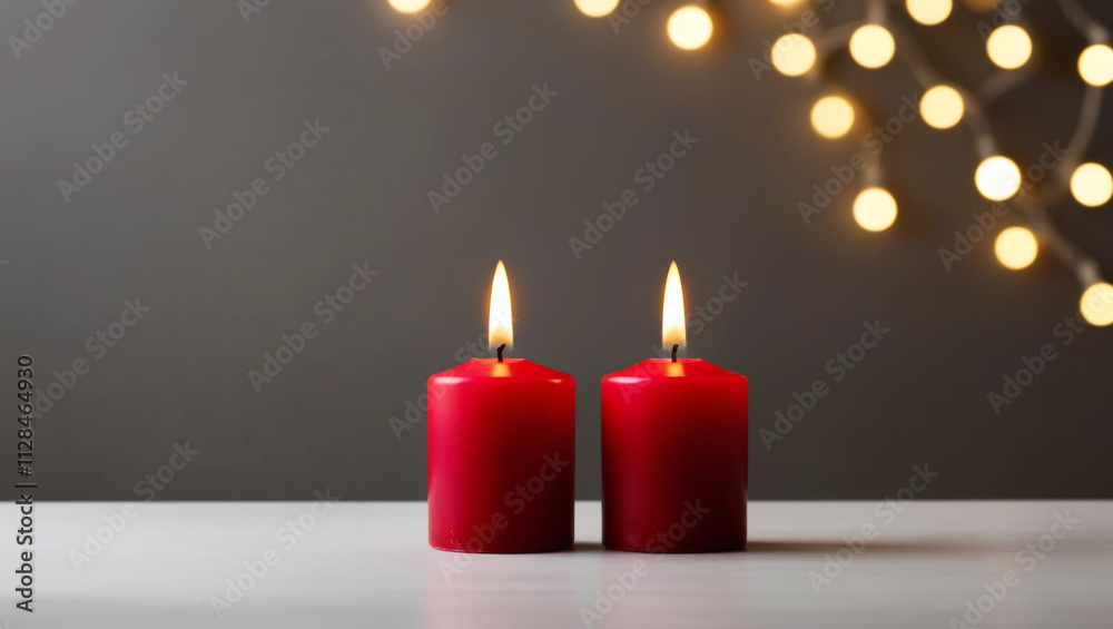 Warm red candles with glowing flames and dreamy bokeh lights, set against a soft background Warm red candles with glowing flames and dreamy bokeh lights, set against a soft background