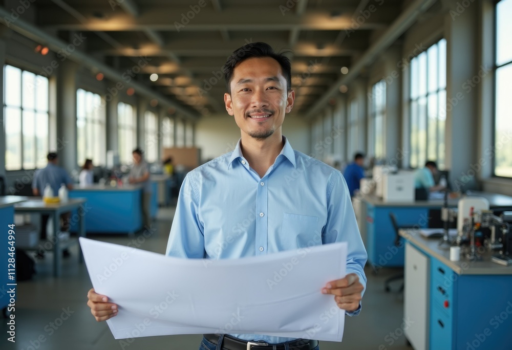 Fototapeta premium Smiling man in a blue shirt holds a blueprint in an office.