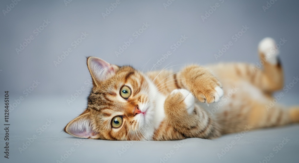Playful kitten with striped fur relaxing on soft surface Playful kitten with striped fur relaxing on soft surface
