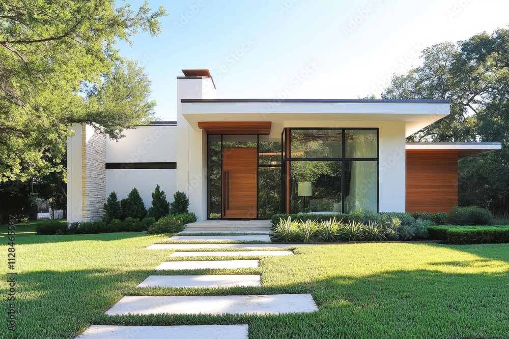 Modern house with large windows and a landscaped garden. Modern house with large windows and a landscaped garden.