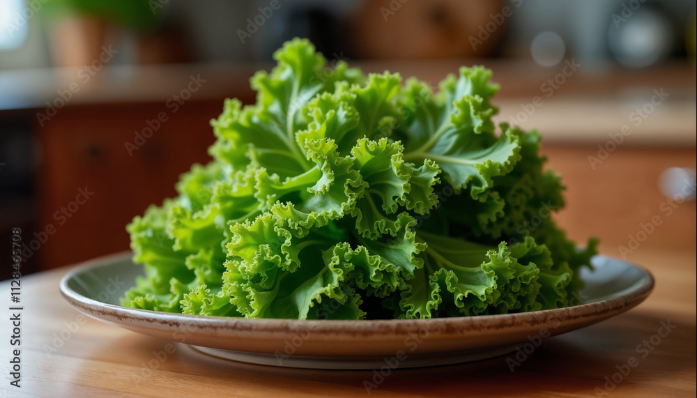 wallpapers A vibrant bunch of fresh green lettuce displayed on a wooden plate. Perfect for salads and healthy meals. AI generated.