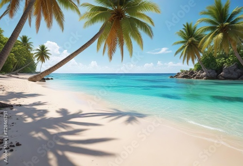Palm tree-lined sandy beach with crystal-clear turquoise water and a coral reef in the background, shore, scenery, nature, sea, tropical