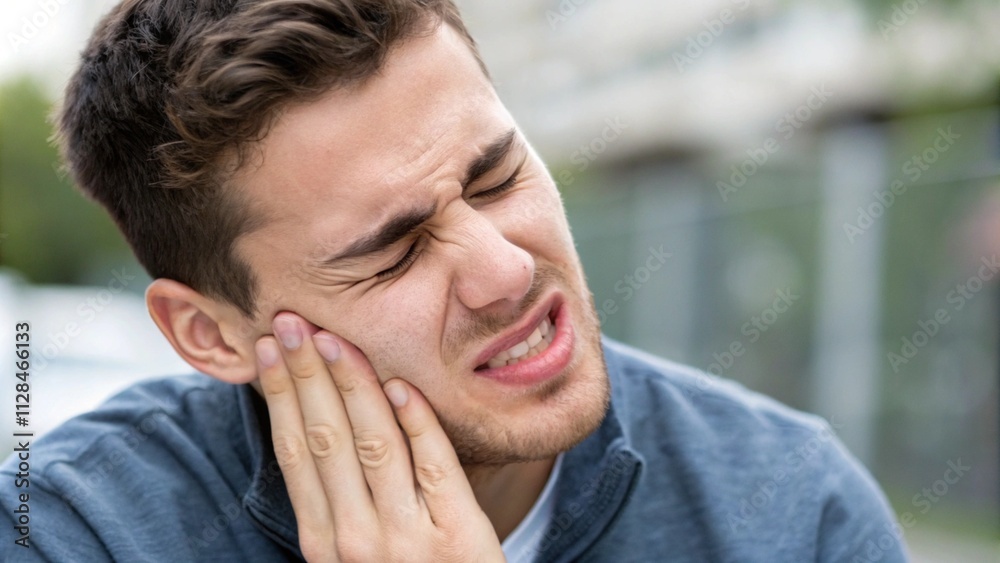 Young man with closed eyes suffering from severe toothache, touching jaw with fingers trying to ease strong tooth pain
Young man with closed eyes suffering from severe toothache, touching jaw with fingers trying to ease strong tooth pain