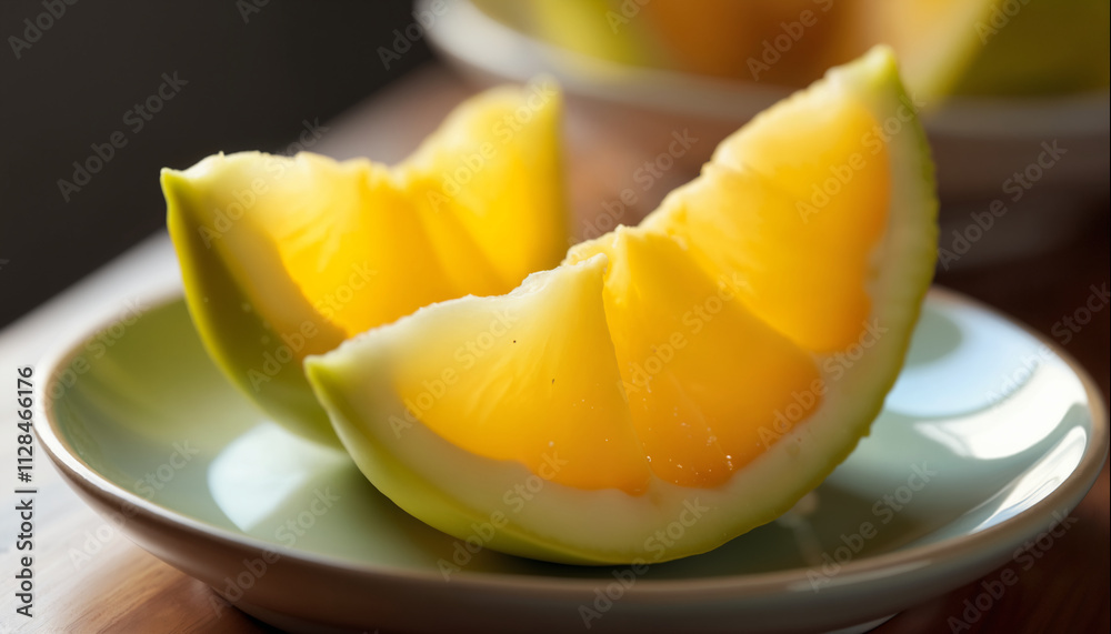 wallpapers Vibrant yellow melon slices elegantly arranged on a green plate, showcasing their juicy texture and bright color. AI generated wallpapers Vibrant yellow melon slices elegantly arranged on a green plate, showcasing their juicy texture and bright color. AI generated