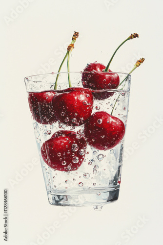 Vibrant Cherries in a Sparkling Glass of Effervescent Water - Refreshing Summer Hydration Drink