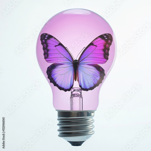 A vibrant purple butterfly inside a light bulb symbolizes creativity, innovation, and transformation. The minimalistic background enhances the focus on the unique concept, AI photo