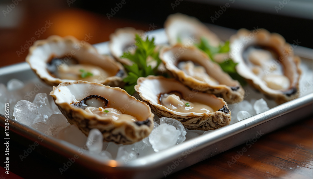 wallpapers A beautifully plated dish of fresh oysters on ice, garnished with green herbs, perfect for seafood lovers. AI generated. wallpapers A beautifully plated dish of fresh oysters on ice, garnished with green herbs, perfect for seafood lovers. AI generated.