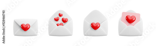 Vector cartoon 3d love letter icon set. Realistic 3d render white open and closed envelope and hearts confetti. Valentines Day greeting, Love message, Valentine email. Cute social media app design.