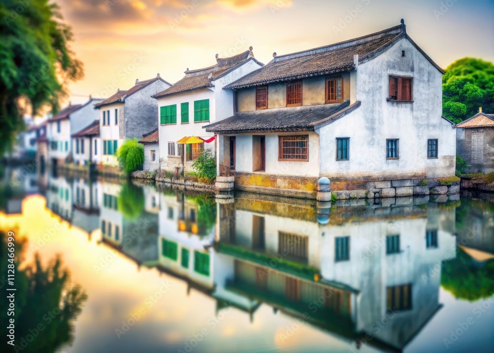 Obraz premium Weathered White Building by Canal in Suzhou - Tilt-Shift Photography, Tranquil Water Reflection, Chinese Architecture, Scenic Views, Urban Landscape, Traditional Structures, Serene Environment