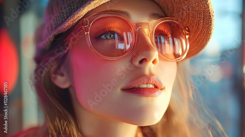 A close up face of woman like sunglasses and hats in fashion