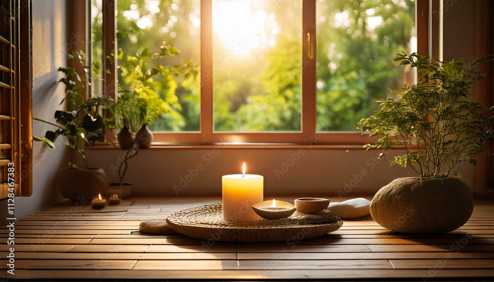 A serene image depicting a peaceful meditation scene with a calm indoor space, a lit candle, a small zen garden, and soft natural light filtering through a window A serene image depicting a peaceful meditation scene with a calm indoor space, a lit candle, a small zen garden, and soft natural light filtering through a window
