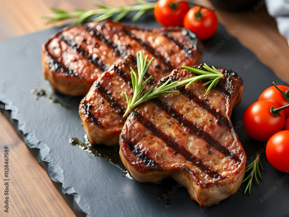 Succulent grilled steaks served on a slate platter, topped with fresh rosemary, cracked pepper, and accompanied by cherry tomatoes. Succulent grilled steaks served on a slate platter, topped with fresh rosemary, cracked pepper, and accompanied by cherry tomatoes.
