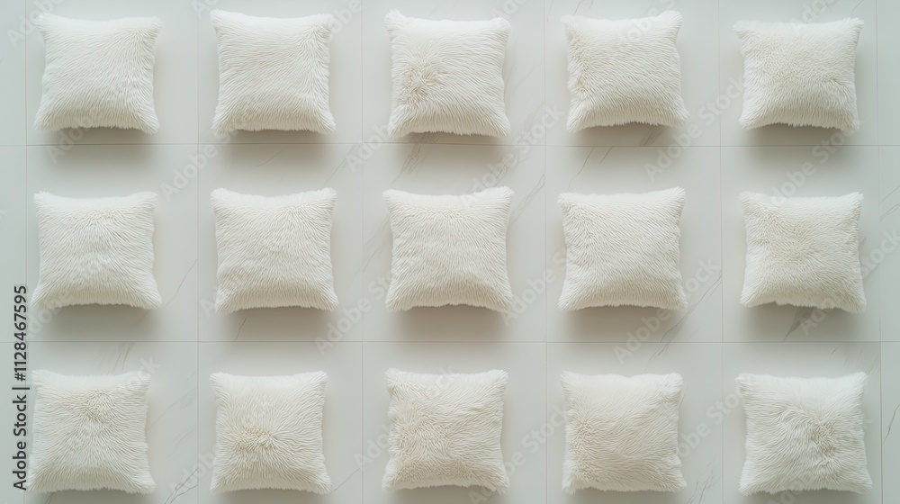White fur pillows are neatly arranged on the floor to create an elegant display, showcasing their soft texture and cleanliness.