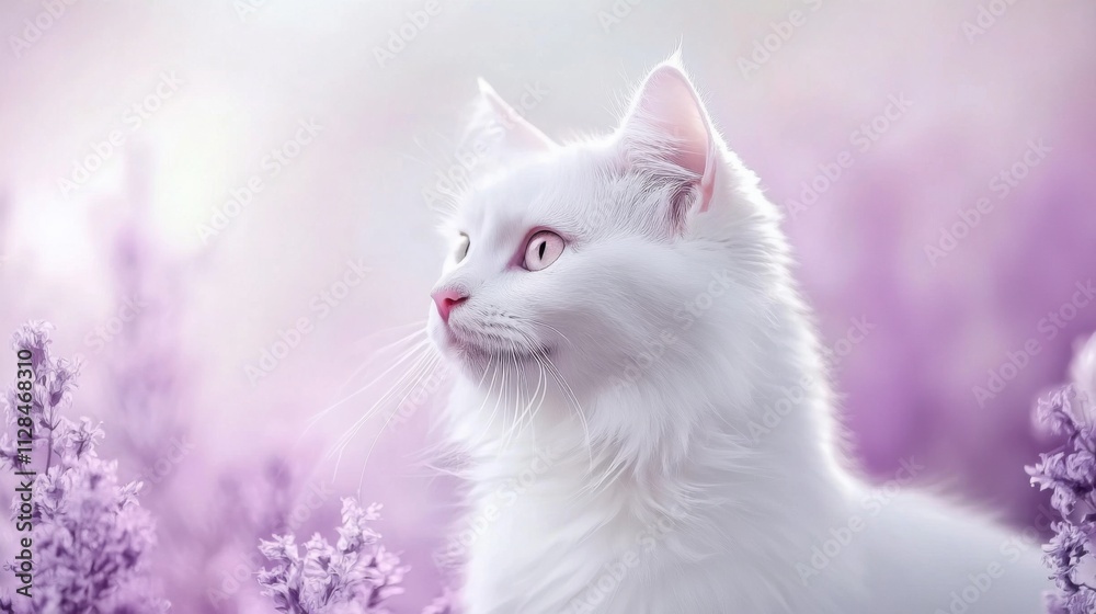 Elegant white cat with fluffy fur sitting among blooming lavender flowers in soft light, AI Elegant white cat with fluffy fur sitting among blooming lavender flowers in soft light, AI