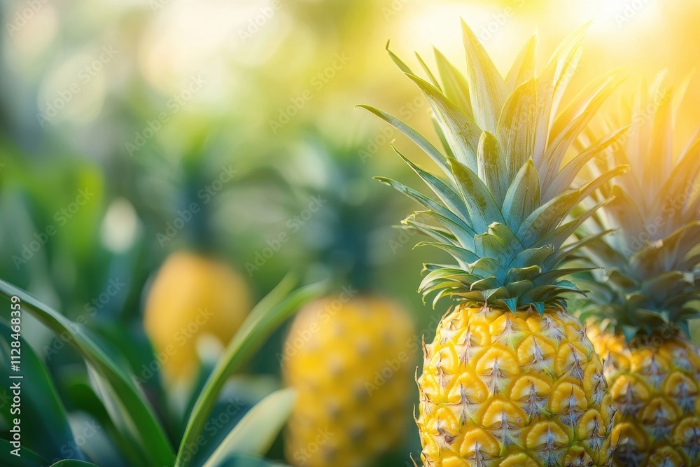 Ripe pineapple in a sunny field, close-up. Perfect for food blogs, healthy eating, or tropical themes. Ripe pineapple in a sunny field, close-up. Perfect for food blogs, healthy eating, or tropical themes.