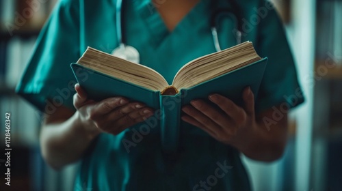 Medical Professional Reading a Textbook in a Library