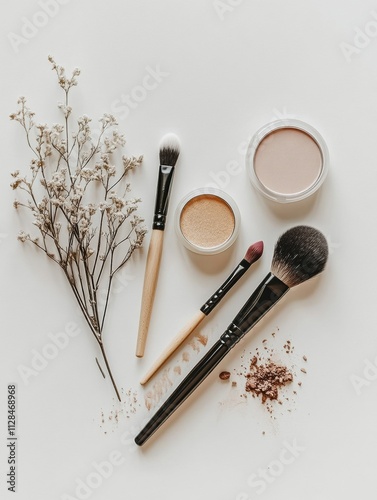 Assorted makeup tools including brushes, powders, and flowers artfully arranged to inspire creativity and showcase elegance in design. Generative AI