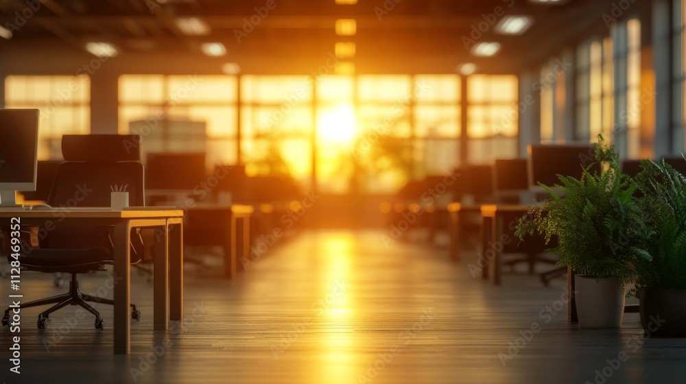 Sunset illuminates empty modern office workspace Sunset illuminates empty modern office workspace
