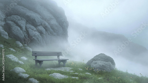 One bench is placed on the mountain. Illustrations that look like a scene from an anime or game background. Blue sky, sun, clouds, sunset, night, fog, snow, rain, autumn, etc. photo