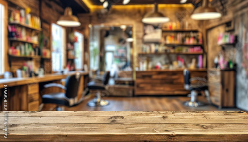 Interior of a hairdressing salon, a wooden table in the foreground. In the background are chairs for clients, mirrors and shelves with cosmetic products.