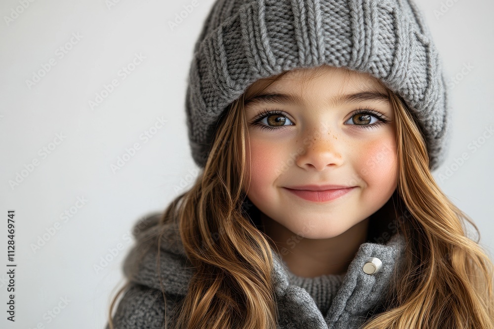 Smiling little girl in a grey knitted hat enjoying a playful outdoor moment. Smiling little girl in a grey knitted hat enjoying a playful outdoor moment.