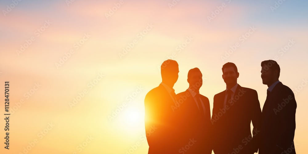This image captures the silhouettes of four businessmen engaging in conversation during a sunset, embodying themes of teamwork and professionalism in a tranquil setting.