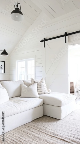 Modern White Living Room Interior Design with Sectional Sofa and Sliding Barn Door