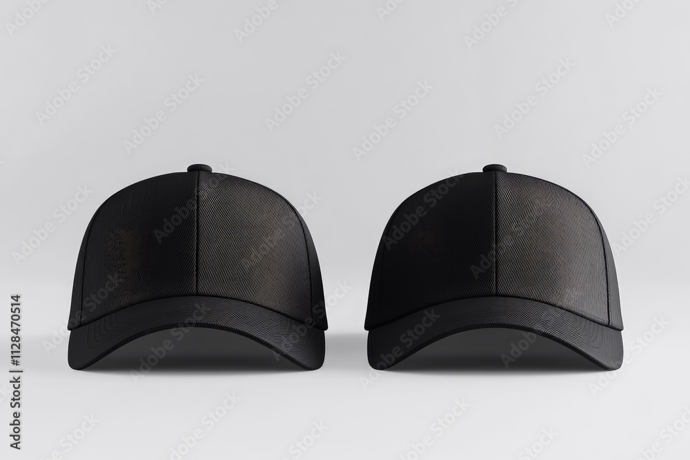Two black baseball caps are next to each other on a white surface Two black baseball caps are next to each other on a white surface