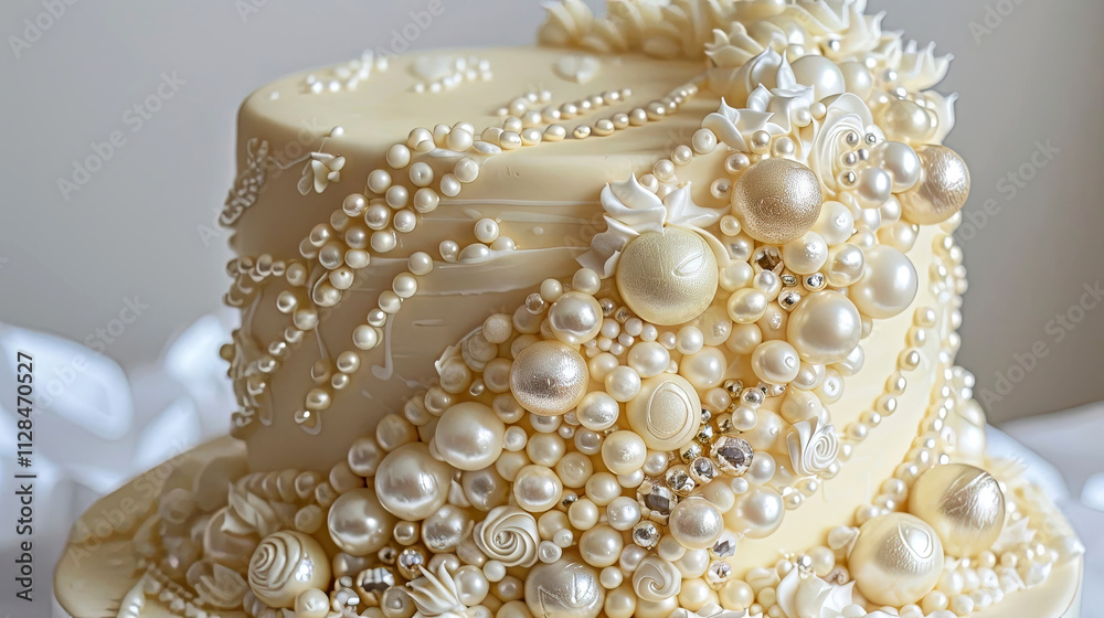 Exquisite artistry shines in this elegant cake adorned with intricate pearls and floral motifs