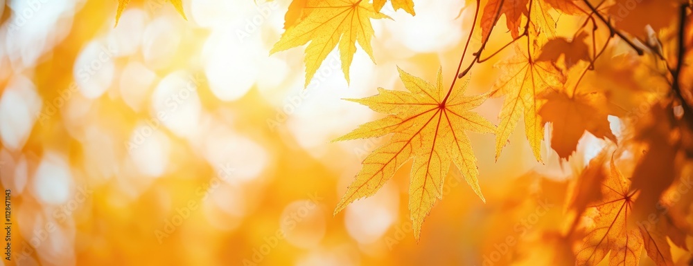 Autumn leaves rest on a branch, sun shining through, illuminating Autumn leaves rest on a branch, sun shining through, illuminating