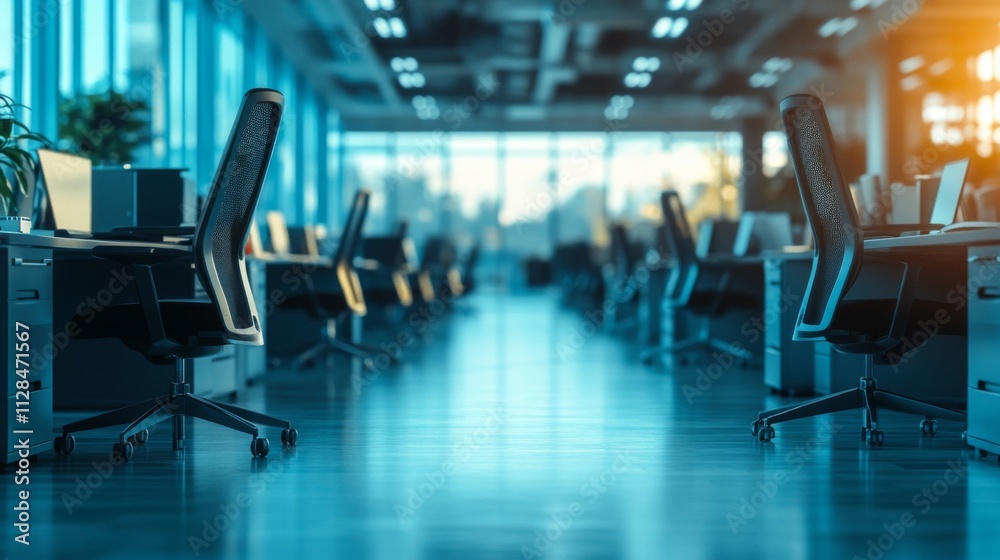 Fototapeta premium Empty Modern Office Workspace With Rows Of Desks And Chairs