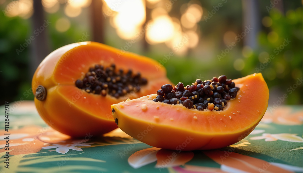 wallpapers A beautifully sliced papaya showcasing its orange flesh and black seeds, resting on a colorful floral table cloth. AI generated.