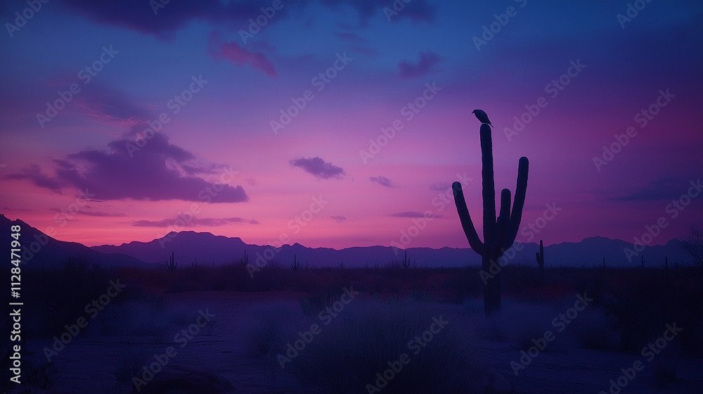 Silhouette of a cactus under a vibrant desert sunset sky.