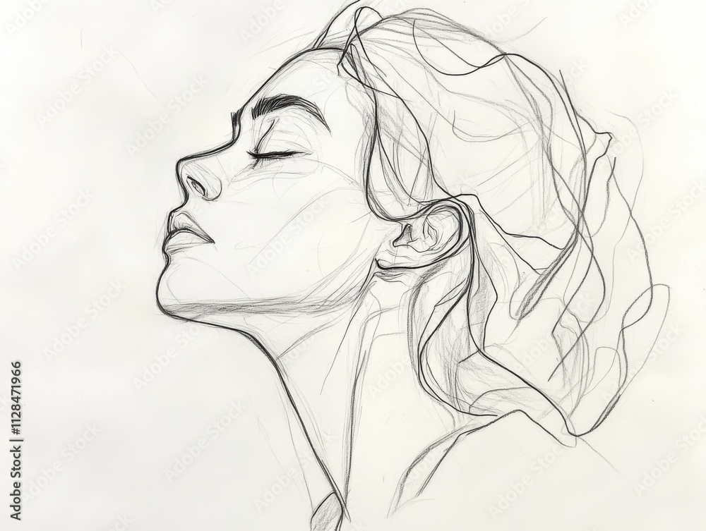 Simple contour drawing of a woman's profile, soft flowing lines, minimal detail, artistic expression Simple contour drawing of a woman's profile, soft flowing lines, minimal detail, artistic expression