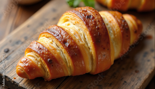 wallpapers A beautifully baked croissant resting on a rustic wooden board, showcasing its flaky layers and golden color. AI generated.