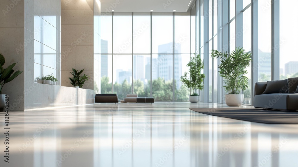 Modern Lobby Design With City View And Plants Modern Lobby Design With City View And Plants