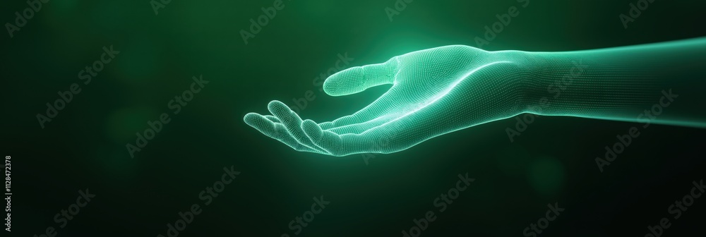 A mesmerizing digital representation of a glowing green hand in a futuristic style, symbolizing connection, technology, and the human experience in a digital age. A mesmerizing digital representation of a glowing green hand in a futuristic style, symbolizing connection, technology, and the human experience in a digital age.