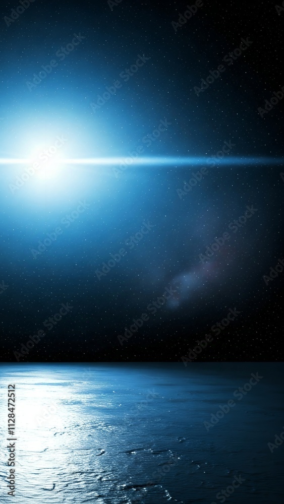Fototapeta premium Sunrise horizon over Earth viewed from space with sun flare and ocean reflection.